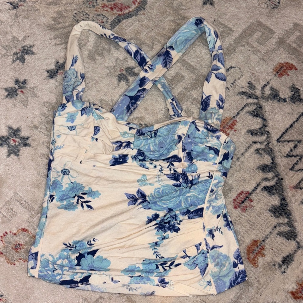 Free People Floral Tank Top in Blue and Cream